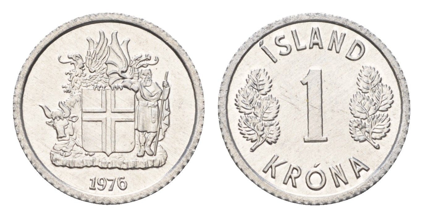 Исландия 1 крона 1976 KM 23 алюминий UNC 4687-766