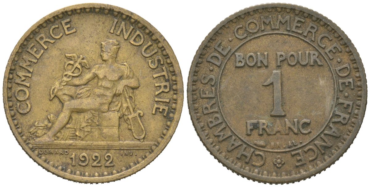 Франция 1 франк 1922 тип Chambres de Commerce KM 876, Le Franc 218.14 алюминиевая бронза 261-531