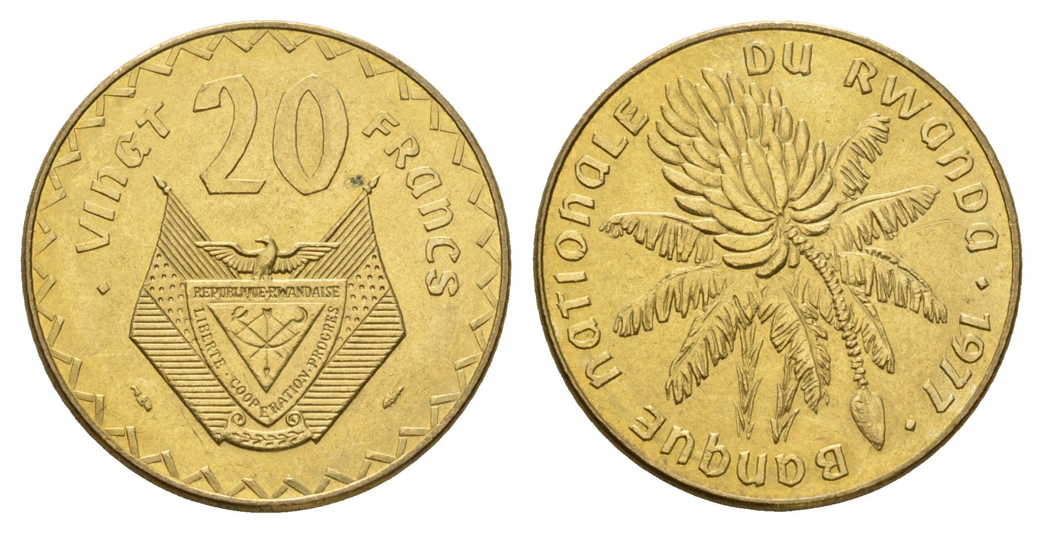 Руанда 20 франков 1977 год-тип KM 15 латунь UNC 4678-315