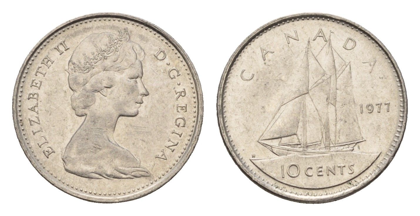 Канада 10 центов 1977 Елизавета II (1952-2022), парусник KM 77 никель 4611-566
