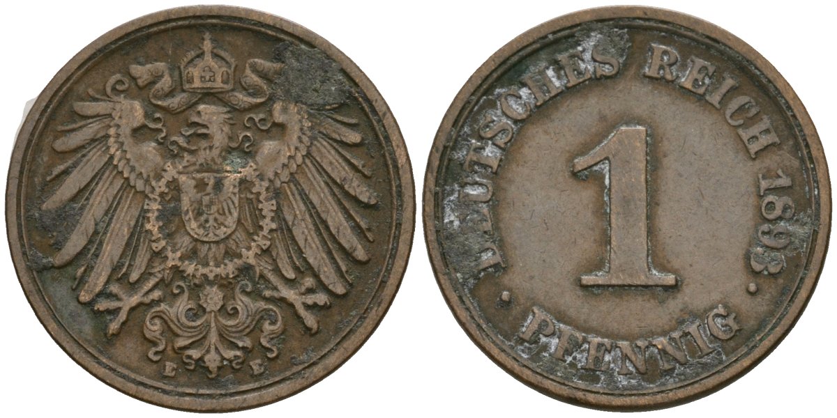 Германия 1 пфенниг 1893 E, Вильгельм II (1888-1918) KM 10, J. 10 медь 1524-533
