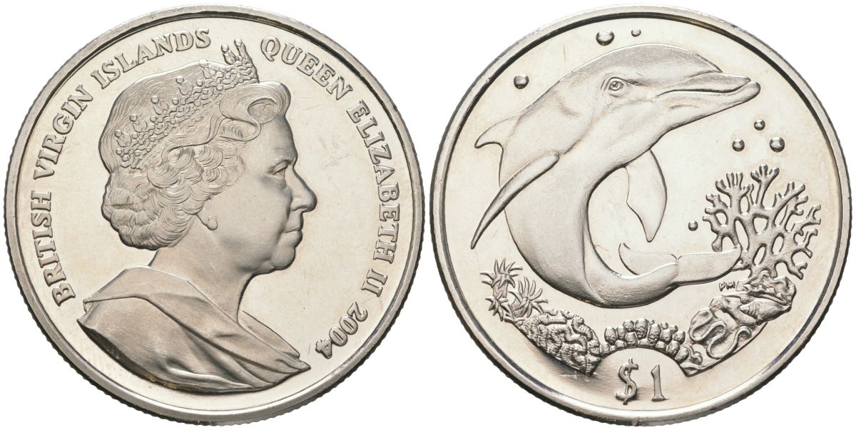 Британские Виргинские острова 1 доллар 2004 дельфин, Елизавета II (1952-2022) KM 286 медно-никель BU 1085-8-23
