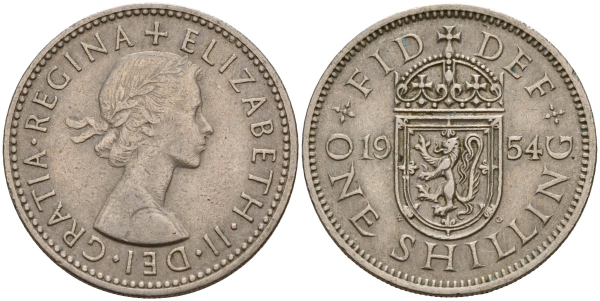 Великобритания 1 шиллинг 1954 Елизавета II (1952-2022), Шотландский герб KM 905, Spink 4148 медно-никель 4187-1057