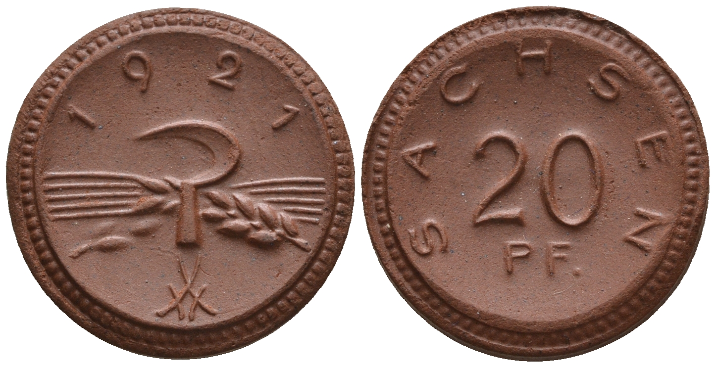Саксония 20 пфеннигов 1921 колосья и серп J. N 53 фарфор UNC 1094-9-51