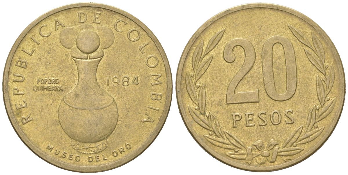 Колумбия 20 песо 1984 KM 271 алюминиевая бронза 4401-341