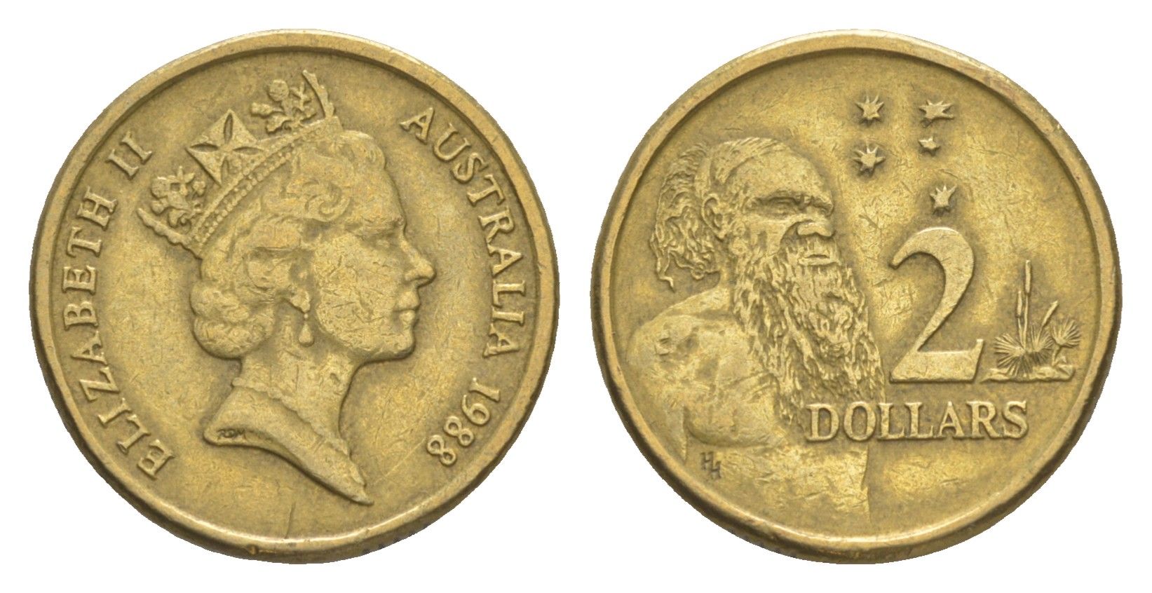 Австралия 2 доллара 1988 абориген, Елизавета II (1952-2022) KM 101 алюминиевая бронза 4652-231