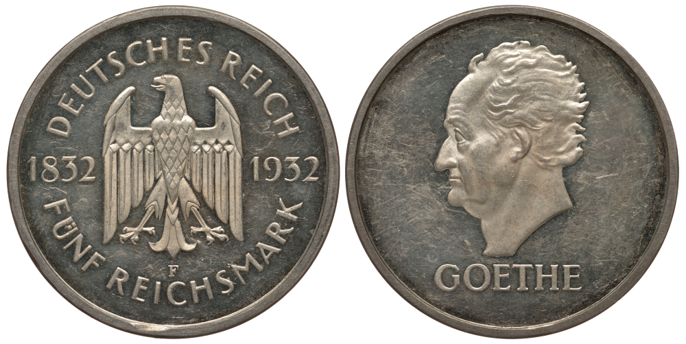 Германия 5 марок 1932 F, 100 лет со дня смерти Иоганна Вольфганга фон Гете, цена по каталогу МТ 5000 евро J. 351, KM 77 серебро PROOF 10-010-33