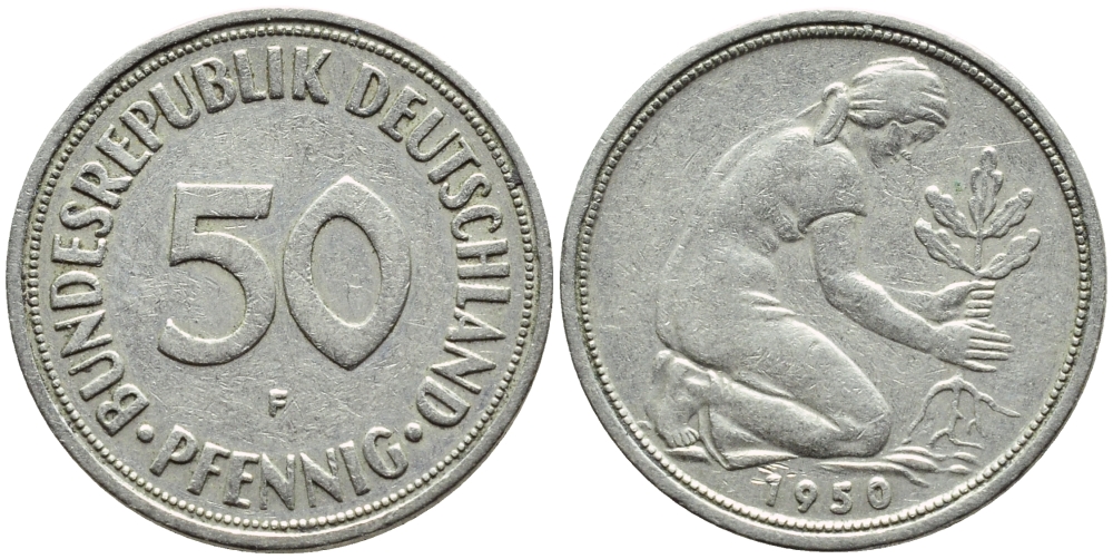 ФРГ 50 ПФЕННИГОВ 1950 F KM 109.1, J. 384 медно-никель 4392-1048