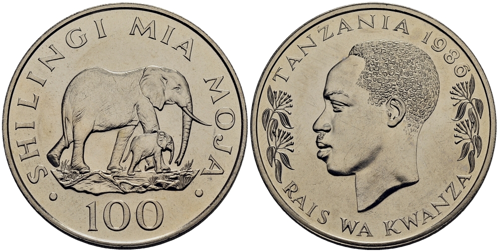 Танзания 100 шиллингов 1986 серия 25 лет окружающей среды, слоны KM 18 медно-никель UNC M26-12