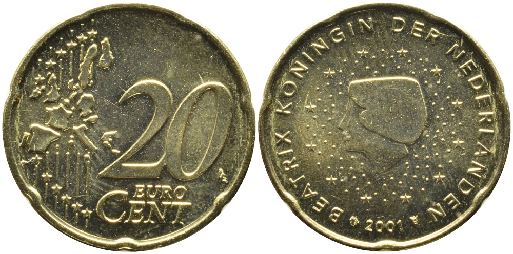 Нидерланды 20 евроцентов 2001 Беатрикс (1980-2013) KM 238 латунь UNC 4391-322