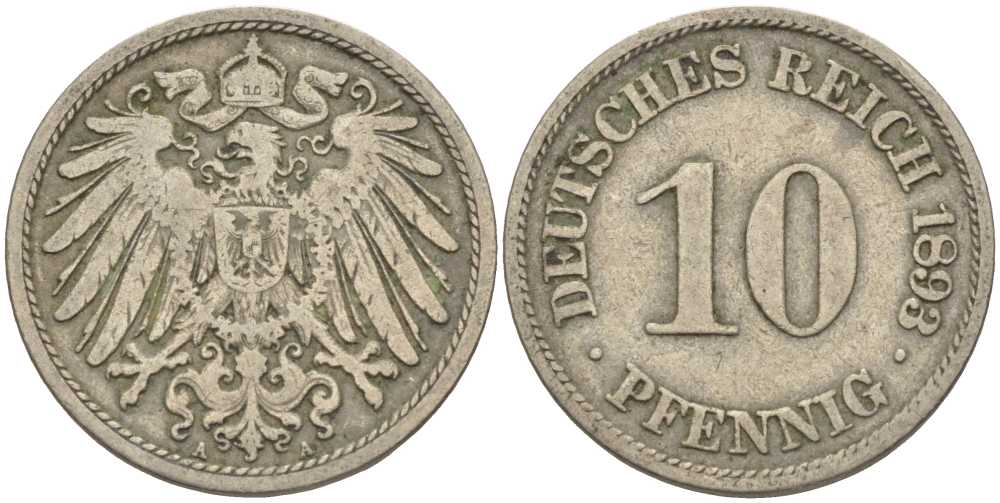 ГЕРМАНИЯ 10 ПФЕННИГОВ 1893 A KM 12, J. 13 медно-никель 4401-944