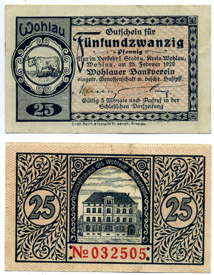 Вохлау 25 пфеннигов 1920 25 Февраля 1920, нотгельд, земля Силезия Tie:8050.10.06 бумага 2195-40-2-2