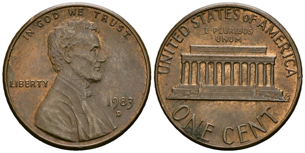 США 1 цент 1983 D, Линкольн KM 201b цинк плакированный медью 4136-228