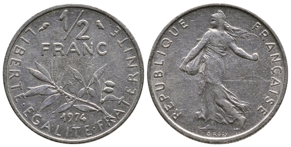 ФРАНЦИЯ 1/2 ФРАНКА 1974 СЕЯТЕЛЬ KM 931.1, LE FRANC 198.13 никель 26-1022