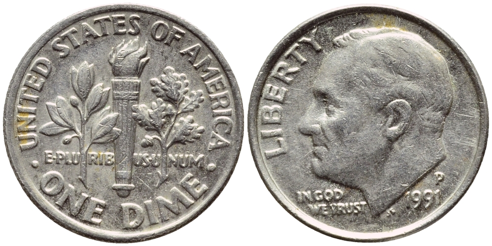 США 10 ЦЕНТОВ = 1 ДАЙМ 1991 Р, РУЗВЕЛЬТ KM 195а медь плакированная медно-никелем 4396-443