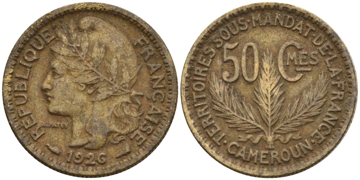 Камерун 50 сантимов 1926 (a), мондвор Париж KM 1 алюминиевая бронза 4169-1144