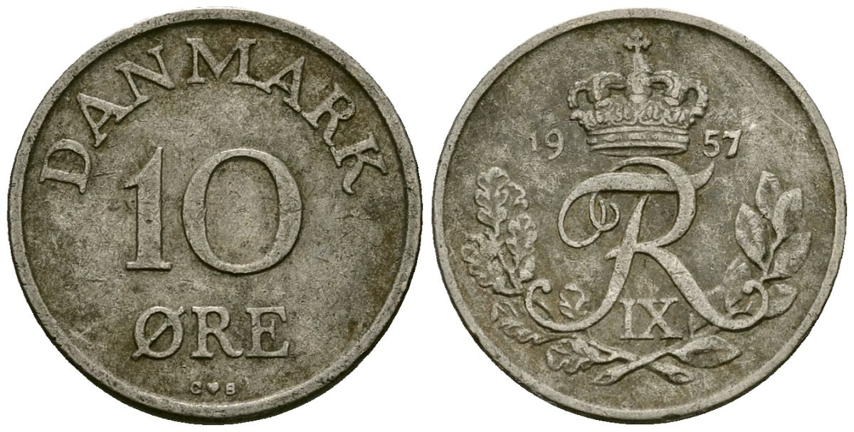 Дания 10 эре 1957 C; S, Фредерик IX (1947-1972) KM 841 медно-никель 4174-228