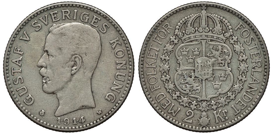 Швеция 2 кроны 1914 W, Густав V (1907-1950) KM 787 серебро 413-6315