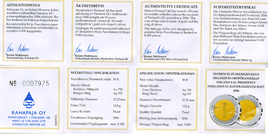 Финляндия 50 евро 2006 Финляндия - председатель ЕС KM 133 золото биметалл PROOF 00-811-12