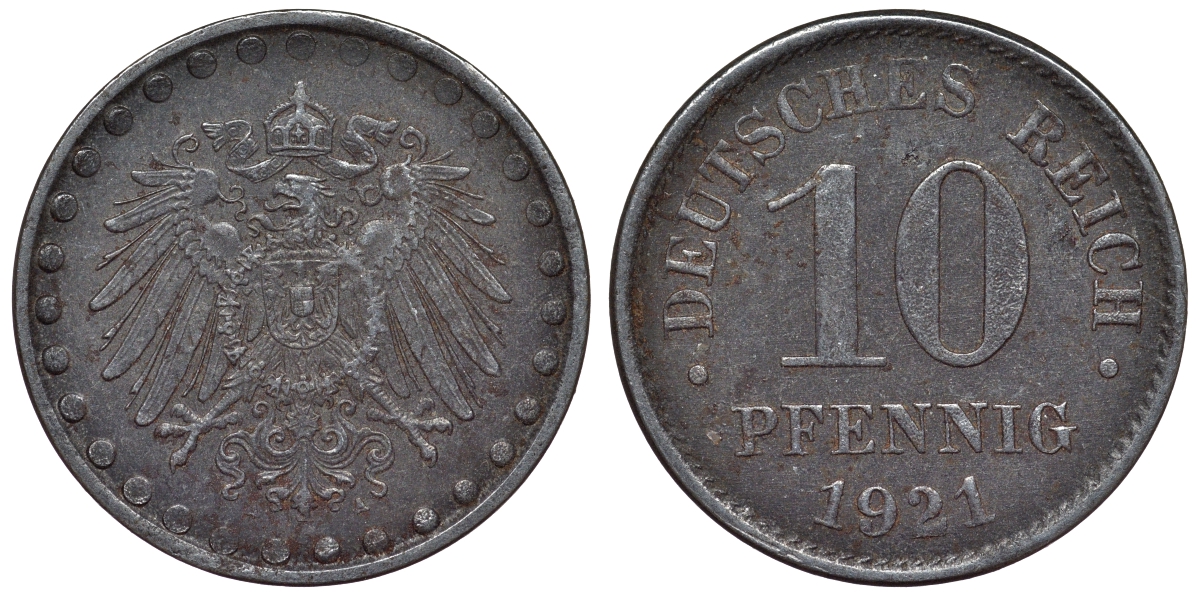 Германия 10 пфеннигов 1921 A KM 20, J. 298 железо 4119-217