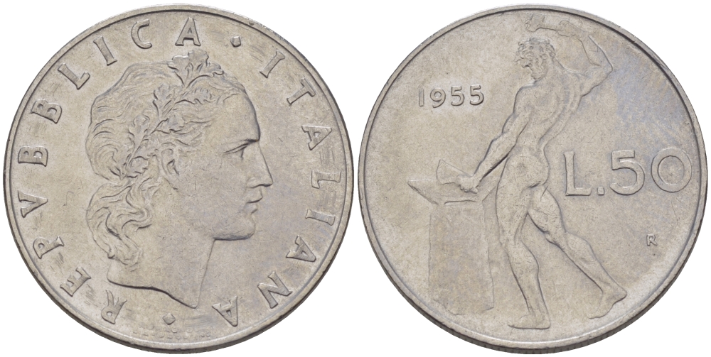 ИТАЛИЯ 50 ЛИР 1955 R, БОГ ОГНЯ ВУЛКАН У НАКОВАЛЬНИ KM 95.1 нержавеющая сталь 67-646