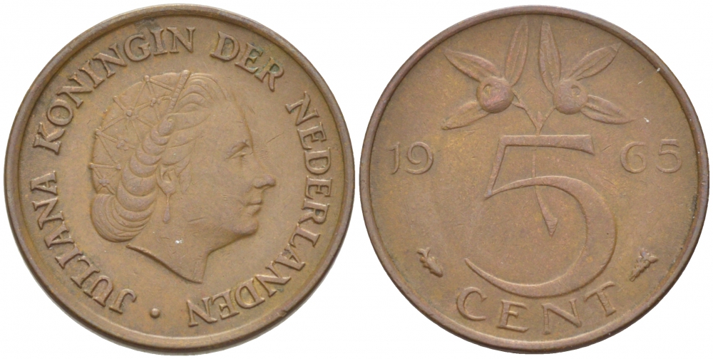 Нидерланды 5 центов 1965 Юлиана (1949-1980) KM 181 бронза 214-819