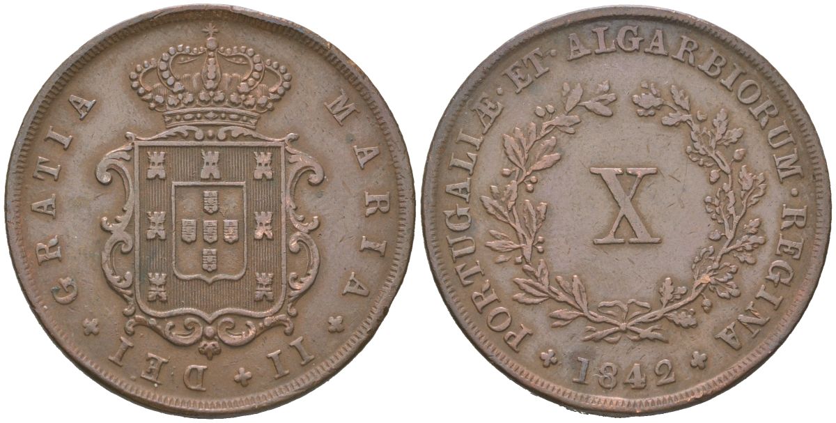 Португалия 10 реалов 1842 Мария II (1834-1853) KM 481 медь 272-1742
