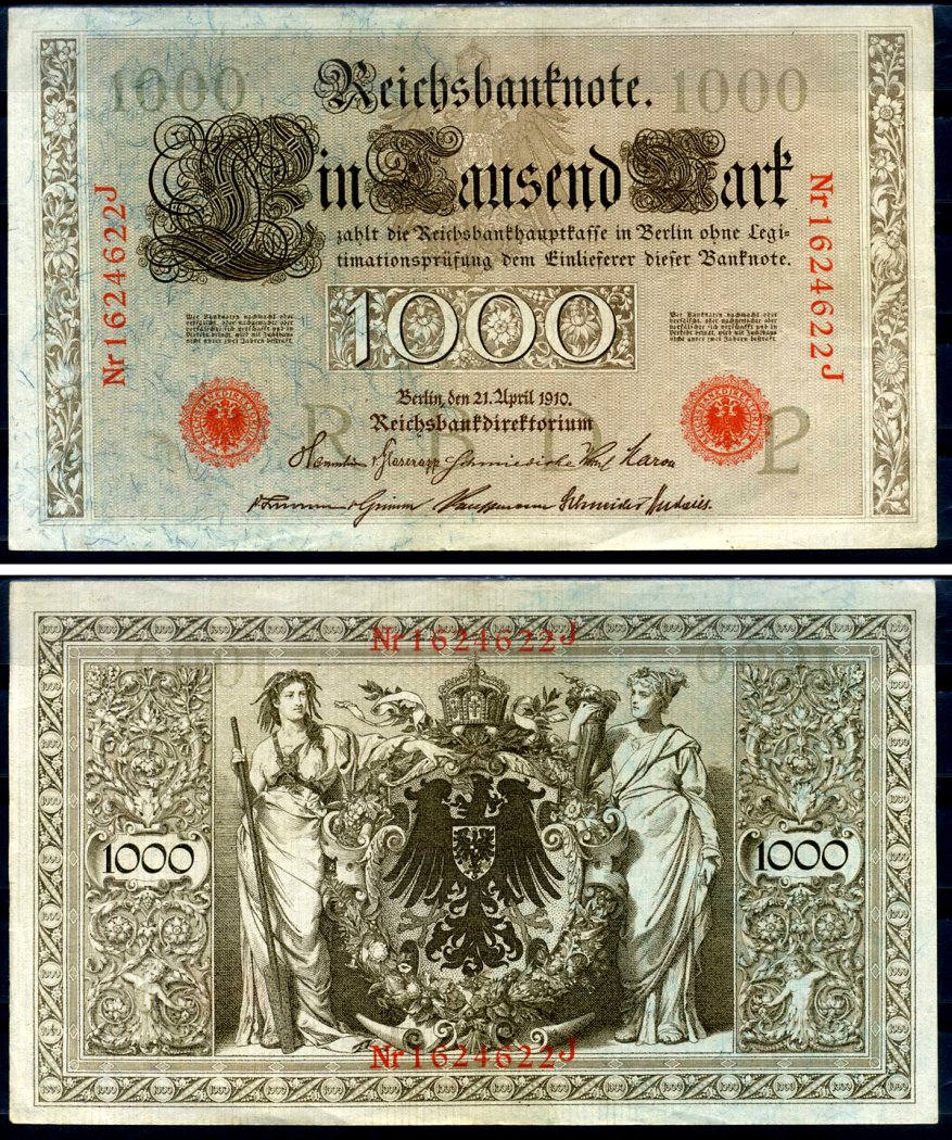 Германия 1000 марок 1910 21 апреля 1910, красная печать, номер семизначный, серия J, буква P, выпуск АПРЕЛЬ - ИЮЛЬ 1918 Pick 44 b бумага 2194-37-1-1