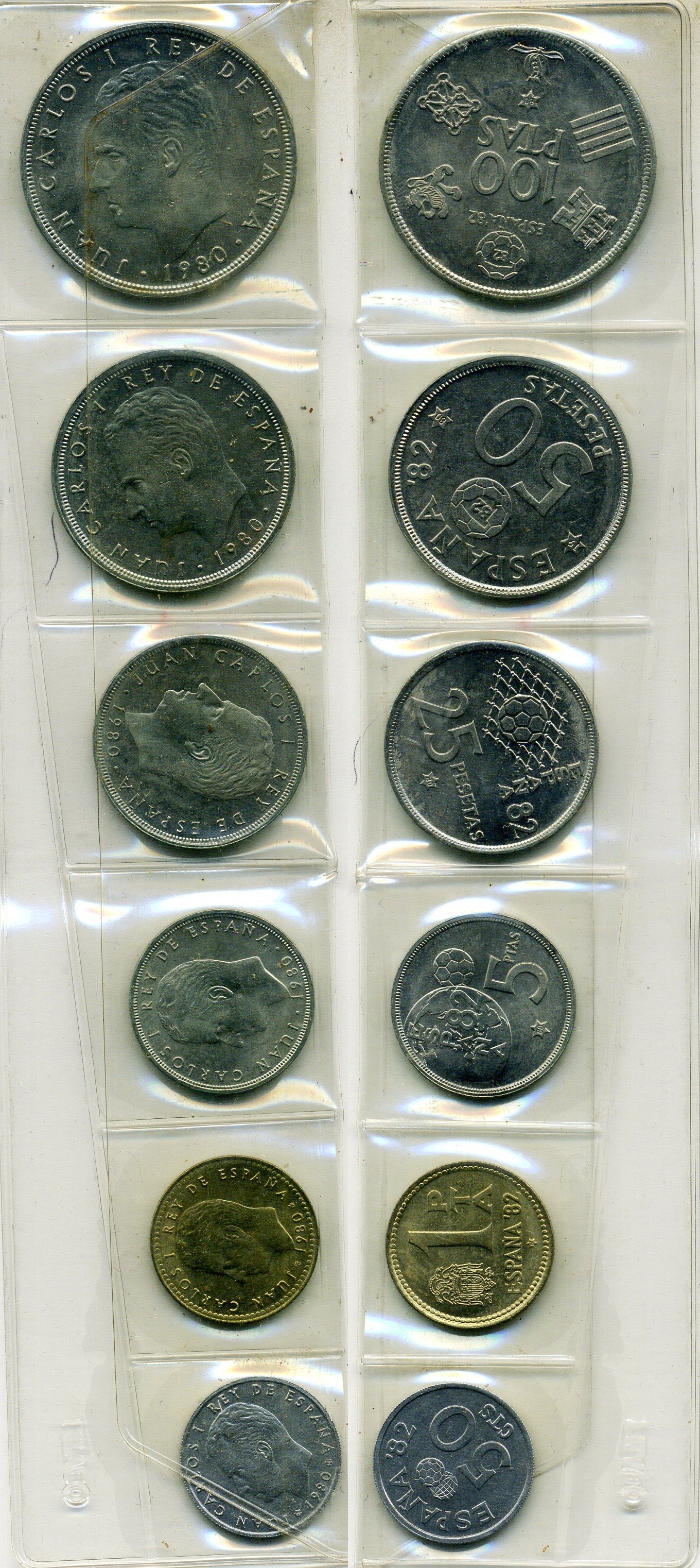 Испания набор из 6 монет (50 сентимов; 1, 5, 25, 50 и 100 песет) 1980 (1980) чемпионат мира по футболу в Испании 1982 года KM 815, 816, 817, 818, 819 и 820 UNC 8-2-05-97