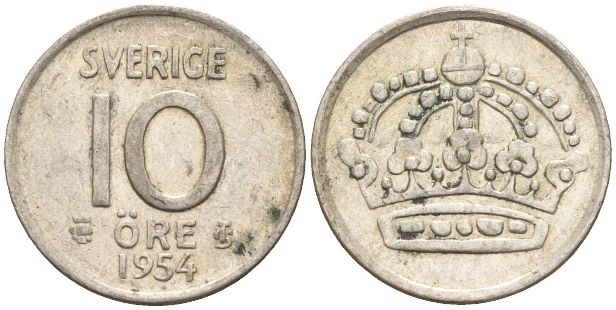 Швеция 10 эре 1954 Густав VI Адольф (1950-1973) KM 823 серебро 4147-913