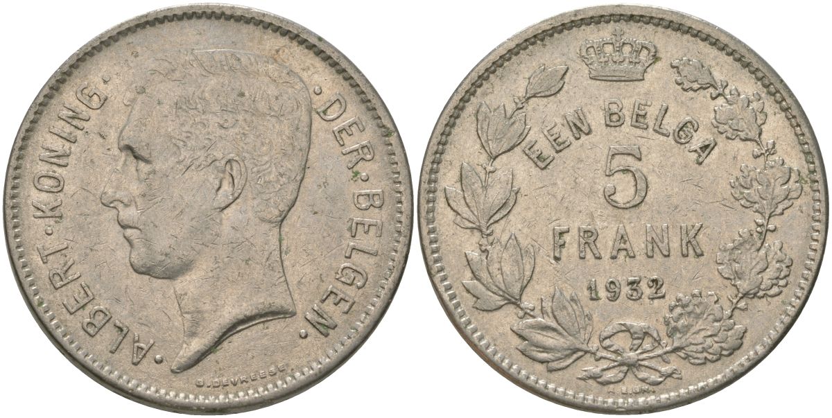Бельгия 5 франков 1932 Belgen, Альберт I (1909-1934) KM 98 никель 4157-1135