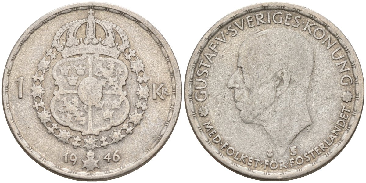 Швеция 1 крона 1946 TS, Густав V (1907-1950) KM 814 серебро 4148-1027