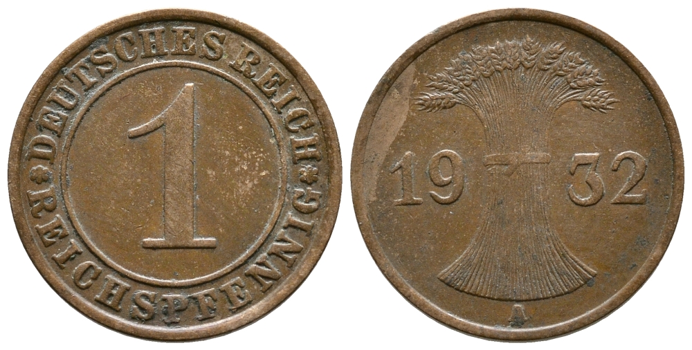 ГЕРМАНИЯ 1 РЕЙХСПФЕННИГ 1932 A KM 37, J. 313 бронза 4380-1228
