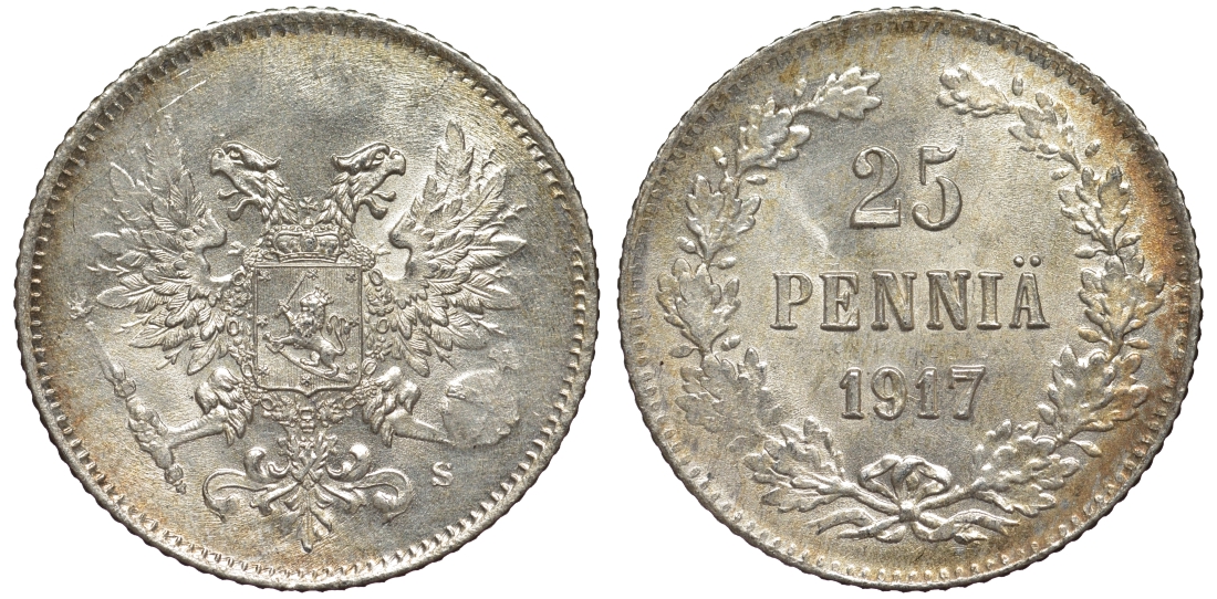 Россия для Финляндии 25 пенни 1917 S, временное правительство, без короны KM 19, Биткин 2 серебро 75-1518