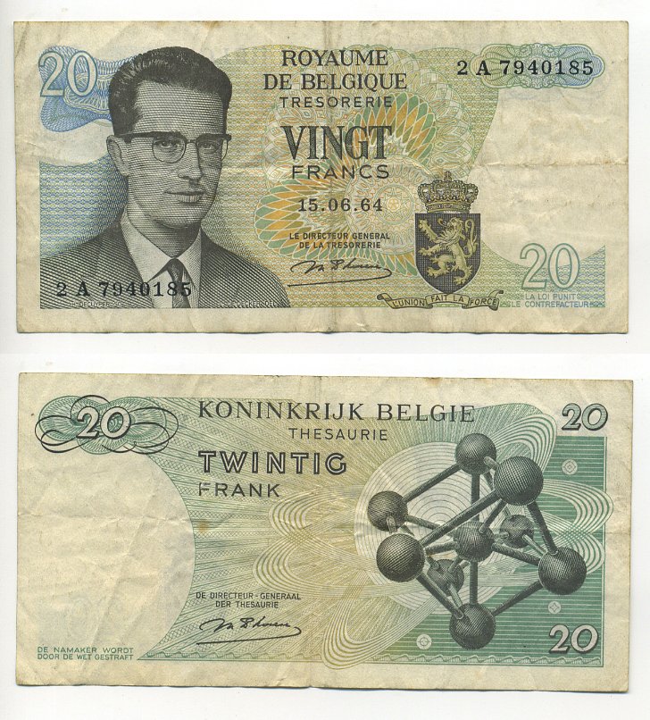 Бельгия 20 франков 1964 Бодуэн I, атомиум, d Haeze Pick 138 (1) бумага 6301-27-1