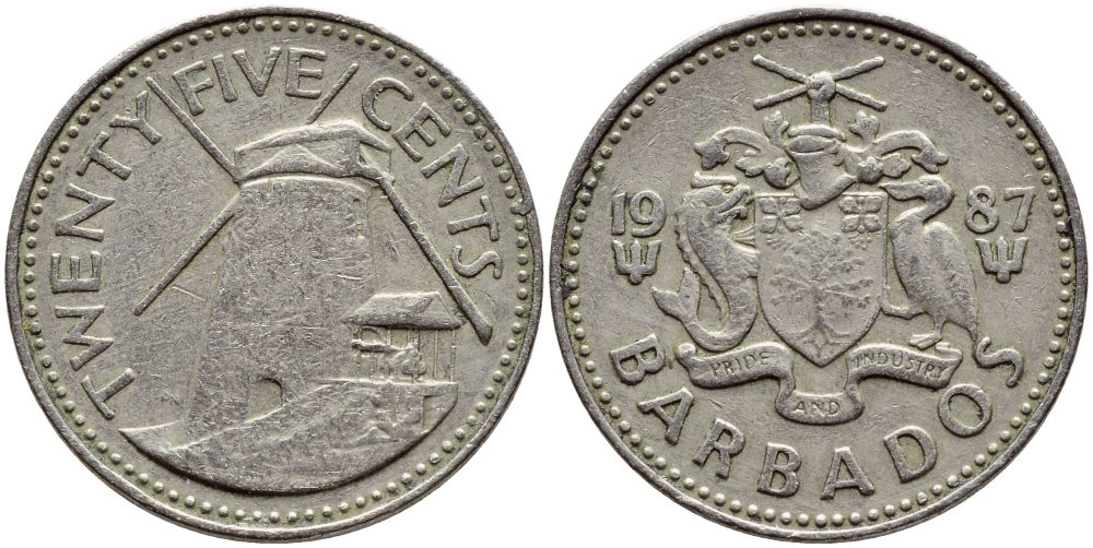 Барбадос 25 центов 1987 ветряная мельница Моргана Льюиса KM 13 медно-никель 4398-424