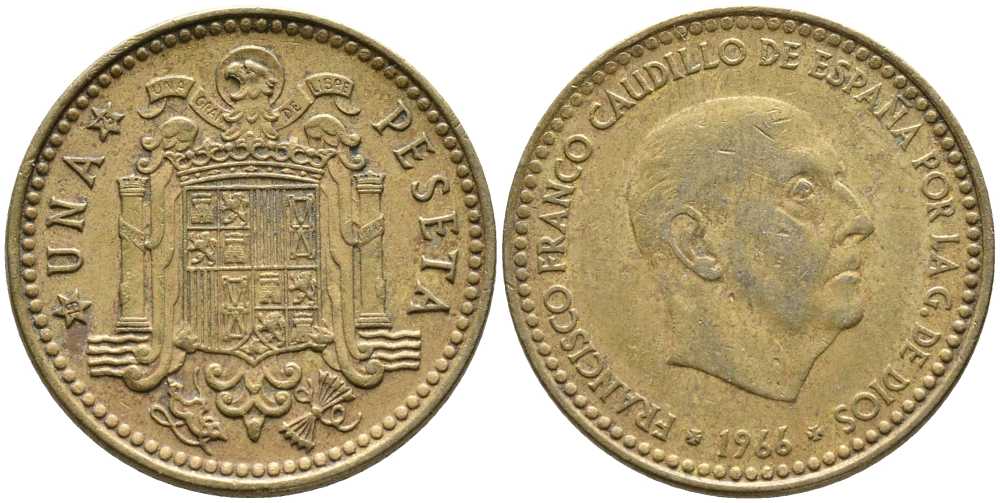 Испания 1 песета 1966 (75) Франциско Франко (1939-1975) КМ 796 алюминиевая бронза 110-1221