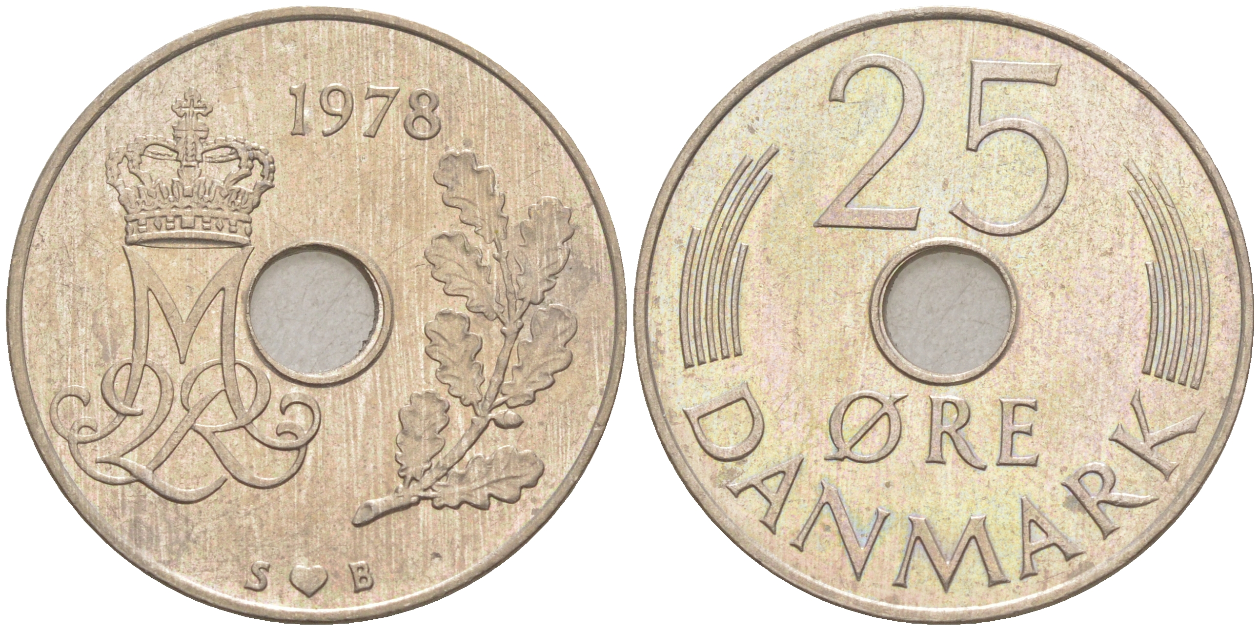 ДАНИЯ 25 ЭРЕ 1978 S; B, МАРГРЕТЕ II (1972-) KM 861.1 медно-никель UNC 106-236