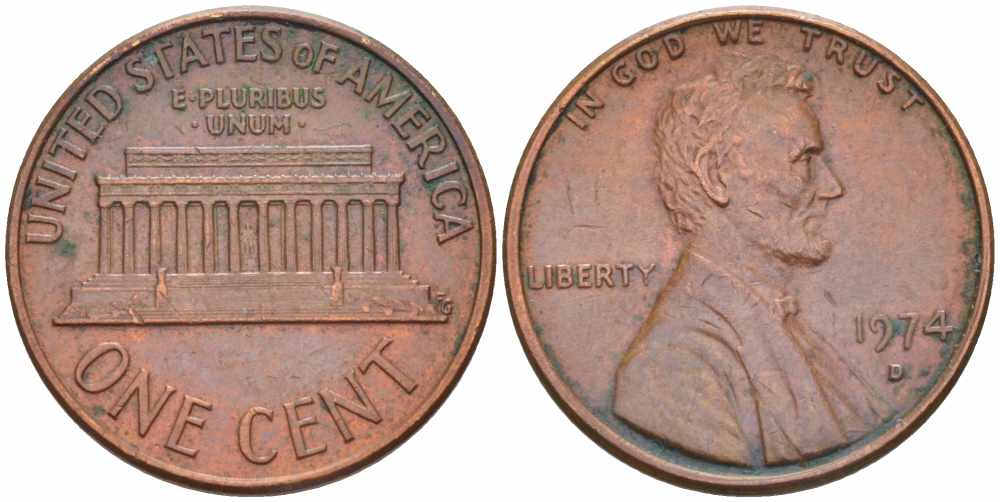 США 1 ЦЕНТ 1974 D, ЛИНКОЛЬН KM 201 медь цинк 63-329