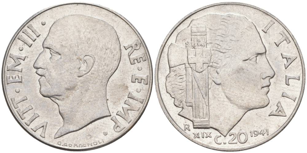 ИТАЛИЯ 20 ЧЕНТЕЗИМО 1941 R, ГОД XIX, ВИКТОР ЭММАНУИЛ III (1900-1946) KM 75b, VEM3. 1028 нержавеющая сталь 3853-833