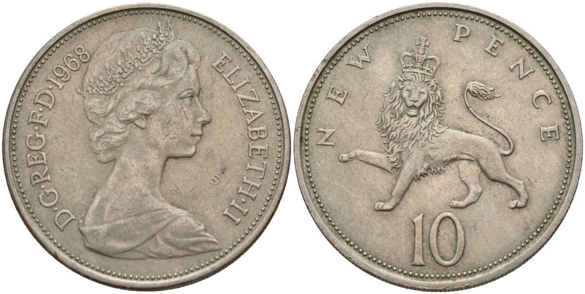 Великобритания 10 пенсов 1968 Елизавета II (1952-2022) KM 912, Spink 4231 (F1) медно-никель 4150-754
