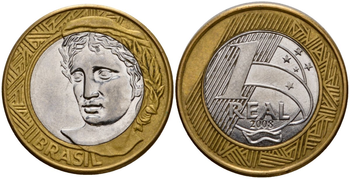 Бразилия 1 реал 2008 KM 652a биметалл 4143-452
