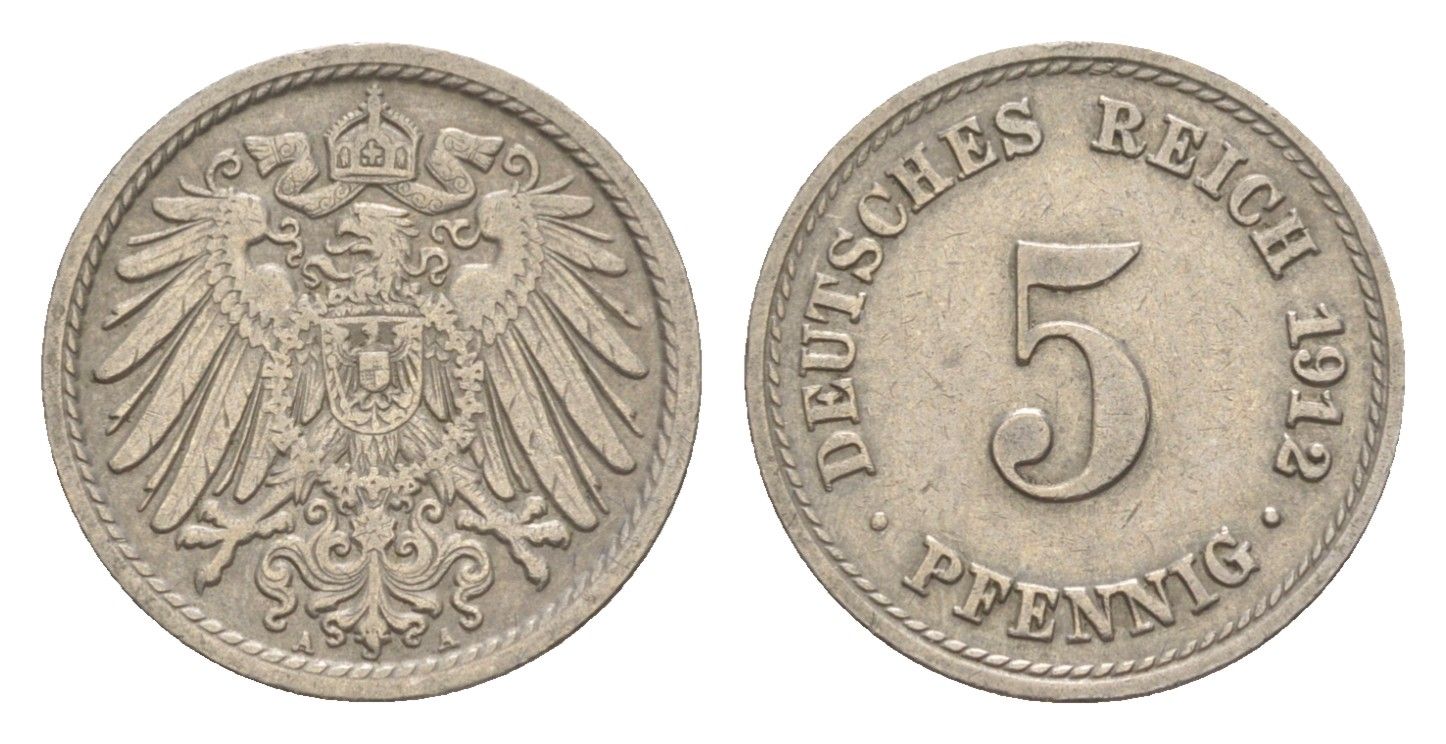 Германия 5 пфеннигов 1912 A, Вильгельм II (1888-1918) KM 11, J. 12 медно-никель 4640-138