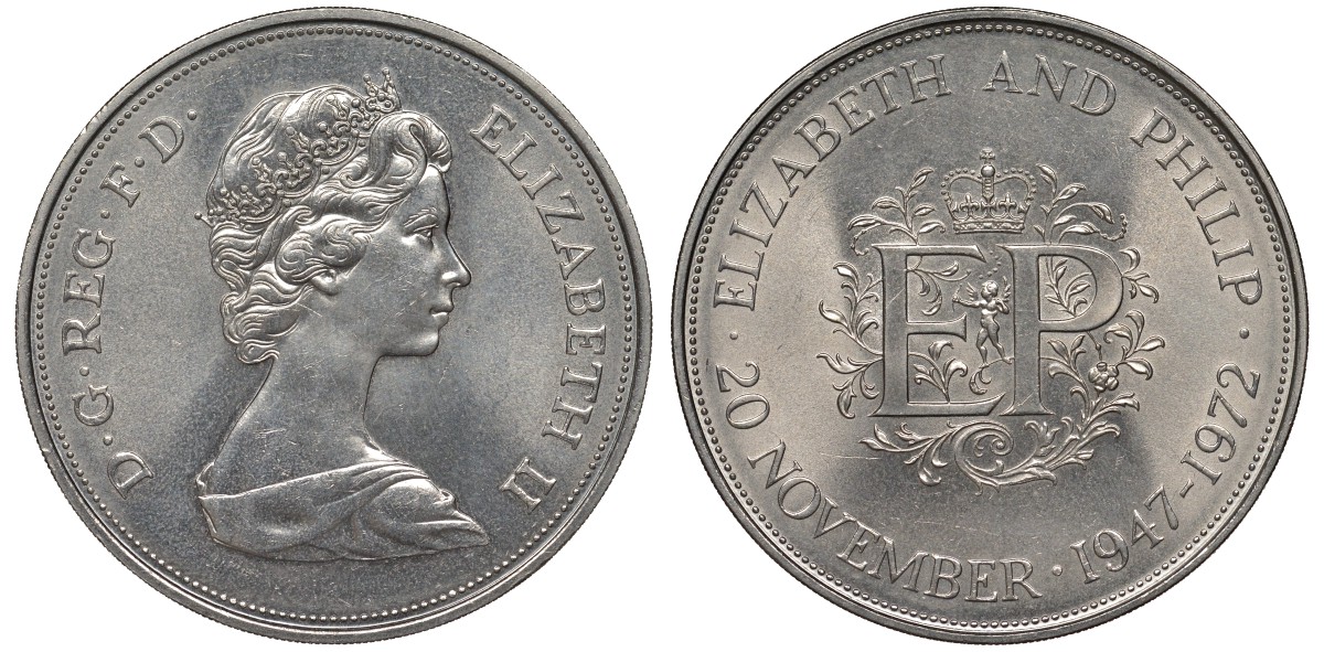 Великобритания 25 пенсов 1972 25 лет со дня свадьбы Елизавтеы II И Филлипа (1947-1972, серебряная свадьба), Елизавета II (1952-2022) KM 917, Spink 4226 медно-никель UNC 00-00