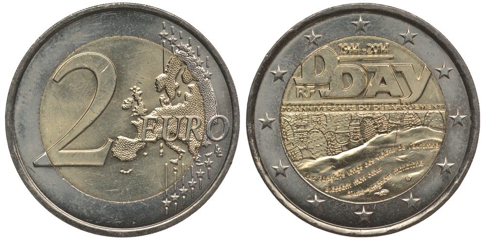 ФРАНЦИЯ 2 ЕВРО 2014 70 ЛЕТ ВЫСАДКЕ В НОРМАНДИИ СОЮЗНИКОВ, D-DAY KM NEW биметалл 176-541