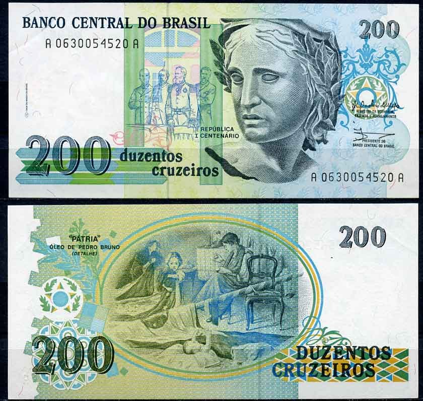 Бразилия 200 новых крузадо 1989 серия A 0630, скульптура Республики Pick 229 бумага UNC (пресс) 2196-36-2-1