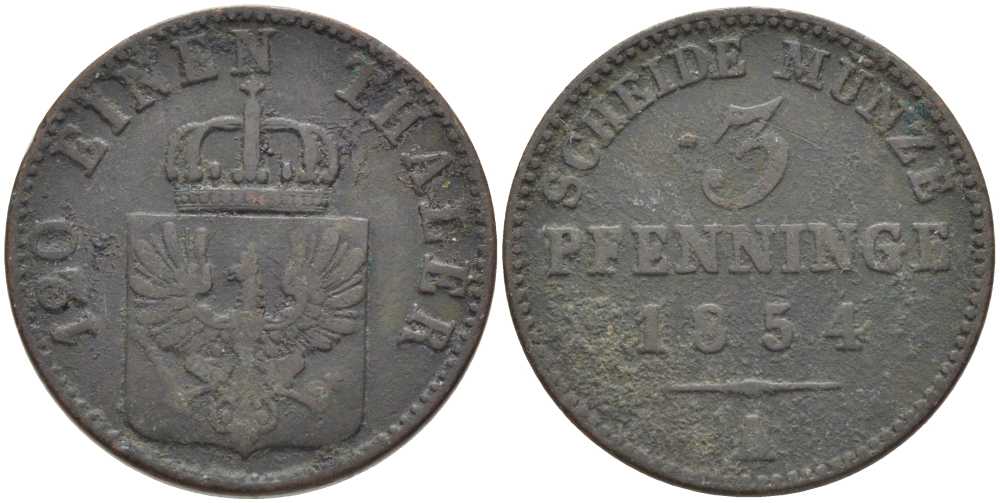 ПРУССИЯ 3 ПФЕННИГА 1854 А, ФРИДРИХ ВИЛЬГЕЛЬМ (1840-1861) KM 453 медь 117-217