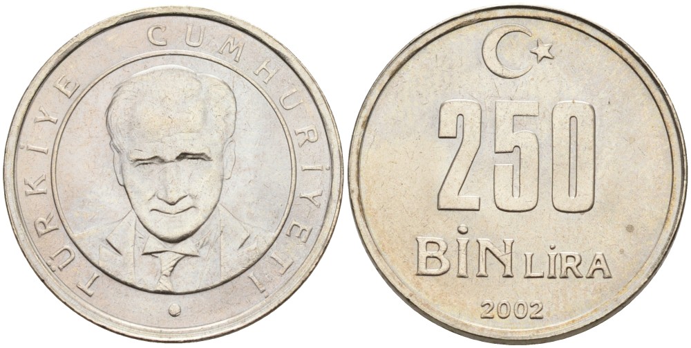 Турция 250000 лир 2002 Кемаль Ататюрк KM 1137 медь никель цинк аUNC 4561-123