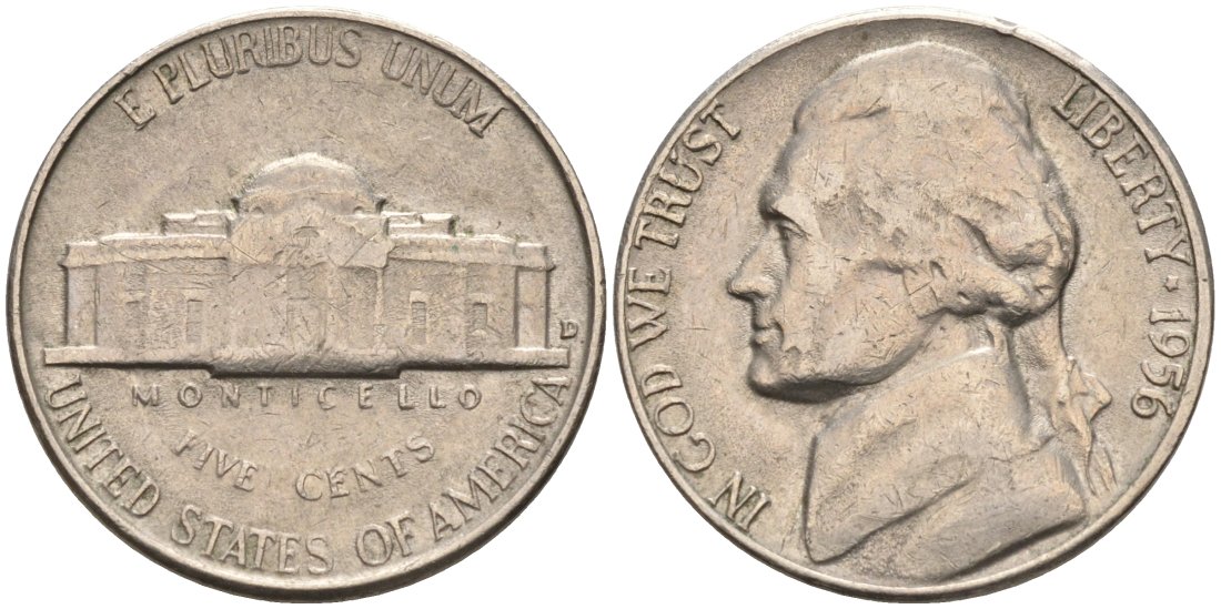 США 5 центов 1956 D, Джефферсон KM А192 медно-никель 92-1027