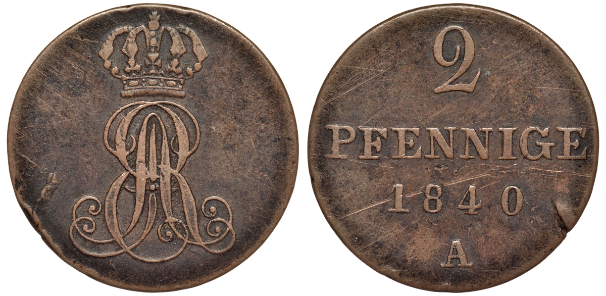 Ганновер 2 пфеннига 1840 A, Эрнст Август (1837-1851) KM 174.1, AKS 122, J. 55 медь 75-1715